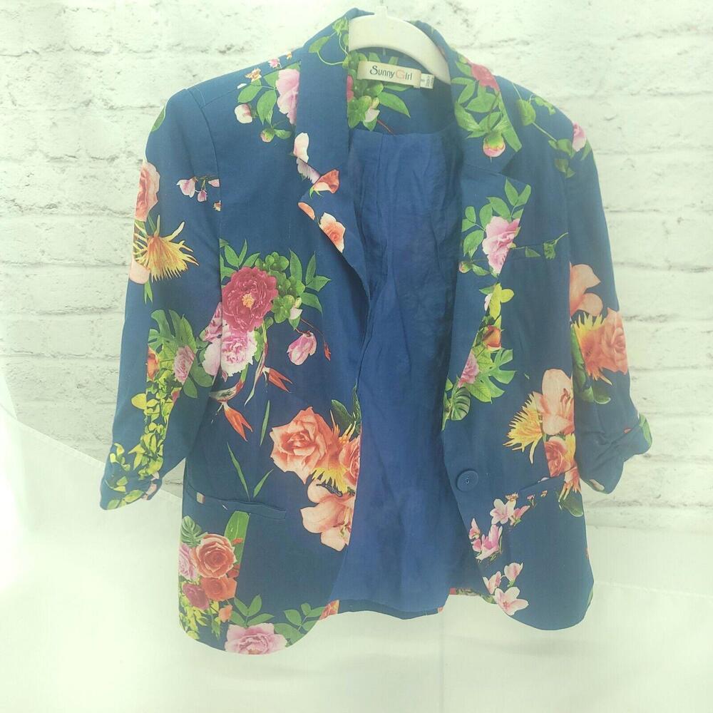 Sunny Girl Blue Floral Size Small 3/4 Sleeve Blazer Jacket